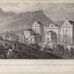 Edinburgh, engraving of front of the New Bridewell from Calton Hill.
Titled: 'The new Bridewell, Salisbury Crags and Arthur's Seat from the Calton Hill, Edinburgh. Drawn by Tho. H. Shepherd. Engraved by W. Tombleson. Published May 16 1829 by Jones & Co. Temple of the Muses, Finsbury Square, London.'
