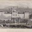 Edinburgh, engraving of front view of Jail, gateway & surrounding walls from Calton Hill.
Titled 'The New Jail from Calton Hill, Edinburgh. Drawn by Tho. H. Shepherd. Engraved by W. Tombleson.'