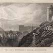 Edinburgh, engraving from the east of Jail Governor's House on right, part of the North Bridge on left and adjacent buildings.
Titled 'The Jail Governor's House, Edinburgh. Drawn by Tho. H. Shepherd. Engraved by W. Wallis.'