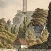 Edinburgh, coloured engraving of Nelson's Monument seen from a road below with a gabled house, outbuilding & wall in foreground.
Titled: ' Nelson's Monument on Calton Hill, Edinburgh. Plate 21. Vol.5.'
