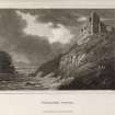 Engraving of Findlater Castle on cliff above sea.
Titled 'Findlater Castle. London, Published by Vernor & Hood, Poultry, Feby. 1, 1805.