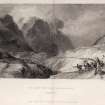 Glencoe. Engraving showing the Eastern Pass with fleeing figures.
Titled 'The Eastern Pass of Glencoe, Argyleshire. London, Published for the Proprietors by Geo. Virtue, 26 Ivy Lane, 1836. T. Allom. W. Hill.'