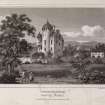 Engraving of Grandtully Castle with cottage & archway  within surrounding wall.
Titled: 'Castle Grandtuly, Strath Tay, Perthshire. London Published by Vernor, Hood and Sharpe, Poultry, Nov.1, 1806. Geo. Cooke sc.'