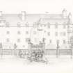 Perspective view of Principal Front, Gates & Forecourt inscribed 'Traquair House, Peeblesshire'.
