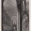 Edinburgh, engraving of interior of nave of the Abbey of Holyrood  from the east. 'Modern work omitted.'
Titled 'Ruin of the original nave of the Abbey of Hollyrood from the east, founded 1128 - the modern work omitted. Drawn & engraved for D. Anderson, 1849. Drawn by G.M. Kemp. Archt. Engraved by J. West.'