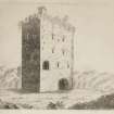 Engraving of Closeburn Castle.
Titled 'Killosborn Castle. In Nithsdale, situated on the east side of a loch, or lake, about twelve miles to the northward of Dumfries. The stile of building is much unlike any of the other border towers, as the habitable part of the building was entered by a ladder from without, which was drawn up. The lower vaults are very strongly arched, and have a small trap in one which communicated with the great hall above; the upper and under doors have many iron grates, and are ornamented with zigzag figures similar to what are found in the Saxon architecture. This was the residence of Donegal Lord of Strathnith, in the reign of King Edgar, Alexander I and David I. In the reign of Alexander II Ivon de Kirkpatrick, of |Killosborn, obtained a charter of confirmation of these lands. Roger, a successor of Ivon, was among the first who stood forward in the cause of Robert Bruce, and was with him when he slew John Cummyng at Dumfries; for his service there, he obtained the crest of the hand and dagger, and the motto of I'll mak sicker, the words he used in stabbing Cummying. This estate is now the property of the Rev. Stewart Monteith. 1788. [Adam de Cardonnell "Picturesque Antiquities of Scotland" 1788.]