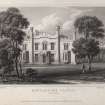 Engraving of Kincardine Castle showing main facade from the lawn.
Titled 'Kincardine Castle, Perthshire. London. Pub. March 1 1820 by J.P.Neale, 16 Bennett St., Blackfriars Road, and Sherwood, Neely & Jones, Paternoster Row. Drawn by J.P.Neale. Engraved by F. Hay.'