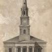 Engraving of front elevation of North Leith Parish Church.
Titled 'Front elevation of North Leith Church. for the Scots. Mag. and Litery. Miscy. Published by A. constable & Co., 1 Sept. 1815. R. Scott, sculpt. W.Burns, Archt.'