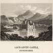 Engraving of Lochleven Castle & island showing four centre towers & surrounding walls. Titled 'Engraved by J. Storer for the Antiquarian & Topographical Cabinet from a picture by Ibbotson in the possession of Mr. Thomas Carpenter. Loch-Leven Castle, Kinross-shire. The Castle of Loch-leven stands towards the north-west part of the lake, on an island about an acre and three quarters in extent, and is encompassed with a rampart of stone, nearly of a quadrangle form. The principal tower, a kind of square building, stands upon the north wall, very near the north-west corner, and there is a lesser round one at the south-east. The other appartments were arranged along the noth wall, between the tower and the north-east corner. A kitchen, suppose to have been built later than the rest of the Castle, stood on the west wall near the south-west corner; and another building supposed to have been the chapel, between that and the great tower fronting the south. In the lower part of the square tower is a dungeon, with a well in it. Above the dungeon is a vaulted room, which, from the appearance of the effects of smoke on the jambs of the chimney, seems to have been used as a kitchen. No date or inscription appears on any part of the buildings, excepting only the letters R.D. and M.E. probably the initials of Sir Robert Douglass and Margaret Erskine, his wife. The whole circuit of the rampart is 585 feet. It is generally understood that the roof was taken off the Castle about a century ago; some part of which, particularly that of the round tower, is said to have been repaired by Sir William Bruce. In this place the unfortunate Mary, Queen of Scots was kept a close prisoner, and suffered from the 16th June 1567 to the 2nd May 1568, all the rigour and miseries of captivity.'