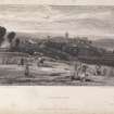 Engraving of distant view of Linlithgow.
Titled 'Linlithgow. London 1833 published by Charles Tilt, Fleet Street. Drawn by A. W. Callcot, R.A. Engraved by W. B. Cooke. Marmion.'