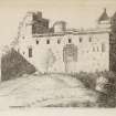Engraving from northeast of Linlithgow Palace showing old entrance front.
Titled 'Linlithgow. Plate II. The lake, which is a mile long, and a quarter of a mile broad, is well furnished with pikes, perches and eels. This Palace was the favourite residence of King James V. The greatest part of this building was in repair till the year 1746, when having been accidentally set on fire by the King's troops who were then in it, was totally consumed, and never since repaired. This second View fron the N.E. gives the ancient door of entrance to a room or hall near 100 feet long, where the Parliament of Scotland sometimes met. The sculpture is very beautiful. The old building, consisting of a round tower and part of a wall, are the remains of the Castle, or Palace. Taken in 1789.' [Adam de Cardonnell "Picturesque Antiquities of Scotland."]
