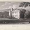Monzie Castle engraving showing view from lawns.
Titled 'Monzie, Perthshire. London, pub. Nov.1, 1822 by J.P.Neale, 16 Bennett St., Blackfriars Road & Sherwood, Neely & Jones, Paternoster Row. Drawn by J.P.Neale. Engraved by F.R.Hay.'