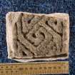 View of fragment of cross slab, Drainie no 7, with key pattern decoration (including scale)