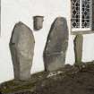 View of Inveravon Pictish symbol stones, nos 1, 2, 3 and 4 from SW