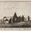 Engraving of Oronsay Priory, with a cross on far right. Titled 'The Monastery in the Isle of Oransay, published according to Act of Parliament by Alexr. Hogg, No 16 Paternoster Row. Eastgate sculpt.'