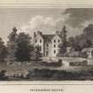 Engraving of Drummonie House, (Pitkeathly House)  front view of house & garden.
Titled 'Pitkeathly House. For the Scots Mag.  Edinr. Literary Miscy. Pub. by A. Constable & Co. 1 May 1812. R. Scott Sc.'