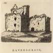 Engraving of Ravenscraig Castle. Titled 'ADC. Ravens-craig. In Aberdeenshire, situated on the water of Uggie, near Peterhead, was a Castle of great strength; the river, which is of considerable depth, washes the walls on the north side. It was likewise defended by a ditch and a draw-bridge in the front. The walls are of great thickness, in which are several small apartments, with loop holes. There is no tradition as to the time when it was built, nor by whom. It appears from an old manuscript account of the Marischal family, that Sir Edward Keith, the 15th in descent from him who flew Camus, the Danish general, at the battle of Barry, in Angus, in the reign of King David Bruce, obtained, by marriage with Lady Isabella Keith, the whole parish of Peterhead, in which this Castle lies.' [Adam de Cardonnel, "Picturesque Antiquities of Scotland," 1788.]