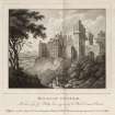 Engraving from a painting of Roslin Castle from the south. Titled 'Roslin Castle. Painted by J. Phillips and engraved by W. Birch, Enamel painter. Publishd. April 1 1789, by Wm. Birch Hampstead Heath & sold by T. Thornton. Southampton Strt. Covt. Garden.'