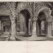 Engraving of interior of Roslin Chapel showing Apprentice Pillar & two others. Titled 'Interior of Roslyn Chapel (Mid Lothian). London Geor. Virtue, 26 Ivy Lane, 1839. T. Allom. J. Cleghorn.'