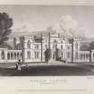 Engraving of front view of Rossie Castle. Titled 'Rossie Castle, Forfarshire. Drawn by J. P. Neale. Engraved by C. Askey. London., Published June 1 1822 by J.P.Neale, 16 Bennett St., Blackfriars Road & Sherwood, Neely & Jones, Paternoster Row.'
