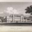 Engraving of front view of Rossie Priory. Titled 'Rossie Priory, Perthshire. Drawn by J. P. Neale. Engraved by H. Bond. London. Pub. July 1 1825 J.P.Neale, 16 Bennet St. Blackfriars Road, Sherwood Jones & Co., Paternoster Row. Printed by Bishop & Son.'