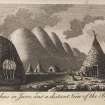 Engraving of sheilings on Jura & distant view of the Paps of Jura, showing primitive houses. From Pennant's "Visit to the Hebrides, (1774) Pl.XV. Pennant acknowledges that this drawing was 'copied by my artist from a drawing in the collection of Joseph Banks Esq.',"