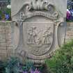 View of stone carved with Leith coat of arms, beside entrance to Ferryfield House.