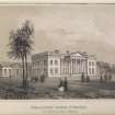 Engraving of Stracathro House. Titled 'Stracathro House, Co. Forfar. The seat of Sir James Campbell. W. Gauci. Stannard & Dixon Lithrs.'
