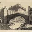Engraving of Avondale Castle seen beyond a single-span bridge. Titled 'Strathaven. The castle of Strathaven is beautifully situated on the banks of the river Avon, in the county of Lanark. There is no certqain tradition as to the year in which it was built. It is generally supposed to have been by Andrew, first Lord Avendale, who was created in 1456. The barony and lordship of Avendale were exchanged by Andrew the third Lord with Sir James Hamilton of Fynnart, for the barony of Ochiltrie in Ayrshire. They afterwards came into the Duke of Hamilton's family, whose property they still remain. ADC.' [Adam de Cardonnel, "Picturesque Antiquities of Scotland," 1788.]