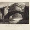 Engraving of Avondale Castle see through a single- arch bridge. Titled 'Strathaven Castle, Lanarkshire. Drawn & engraved by T. Greig for the Antiquarian Library. Published for the Proprietors, July 1, 1816 by W. Clarke, New Bond Street.