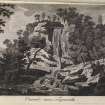 Engraving showing a waterfall. Titled 'Pl. XII, Cascade near Taymouth. Tomkyns pinxt. P Mazell sculpt.'