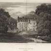 Engraving of Traquair House, front view. Titled 'Traquair Castle. Peebleshire. Engraved by J. Greig from a painting by L. Clennell for the Border Antiquities of England & Scotland. London, Published Jan.1.1815 for the Proprietors by Longman & Co. Paternoster Row.'