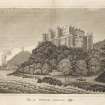 Engraving of Wemyss Castle, Fife, from shore below. There are sheds on shore to the west. Titled 'View of Wemyss Castle, Fife. 43. D. B. Pyet Sc.'