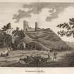 Engraving of Old Woodhouselee Castle showing ruined tower on a raised mound.Titled 'Woodhouse Lie. Pl 2. Publish'd March 8th 1790 by J. Hooper. Sparrow Sc.'