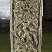 View of rear of Pictish cross slab at Elgin Cathedral