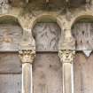 Detail. Capitals and Moorish-arched tripartite windowhead to first floor of link building, former RSNH Skye Block, taken from S