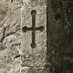 S facade, detail of carved cross with round terminals on buttress, Brough Lodge, Fetlar.