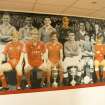 Interior. Main stand, ground floor, cafeteria, detail of composite team photo of 'Aberdeen Greats'