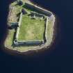 Oblique aerial view of Lochindorb Castle, taken from the WNW.