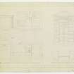 Basement floor plan.  Second floor plan.  Plan and elevation of main entrance doorway.  Plan and elevation of fireplace.