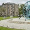 Street view showing buildings at 27-43 Waggon Road (the rear of North Street), Bo'ness, taken from the North-West. An industrial sculpture is shown in the foreground. This photograph was taken as part of the Bo'ness Urban Survey to illustrate the character of the Town Centre Area of Townscape Character.