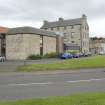 General view showing Waggon Road, Bo'ness Library and the rear of 37-49 Scotland's Close,  taken from the North. This photograph was taken as part of the Bo'ness Urban Survey to illustrate the character of the Town Centre Area of Townscape Character.