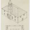 Mearns church, axonometric drawing and floor plan.