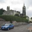 View of the steeple of Craigmailen United Free Church, Braehead, and former Manse at 12 Braehead, Bo'ness, taken from the North-East. This photograph was taken as part of the Bo'ness Urban Survey to illustrate the character of Braehead and The Knowe Area of Townscape Character.