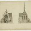 East and West Elevations of proposed scheme for All Saints Episcopal Church, Edinburgh, with 5 bay nave and fleche signed R Anderson