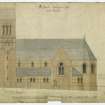 South Elevation including saddle roofed tower and 3 Bay nave signed R Anderson, approved by D Bryce 19/2/1866 and signed as a contract drawing by William Pearce Mason 22/3/1866
