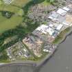 Oblique aerial view of Carriden Parish Church with warehouses and sewage works adjacent, taken from the ENE.