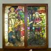 Interior. Entrance lobby. Stained glass panels from former St Andrew's? church. Detail