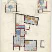 Drawing showing sections and plan with pencil annotations. 
Titled: 'Dalmore Distillery. Mash House, Mill Room, Spirit Store, etc. Section on Line A-B; Section on Line C-D; Plan of Ground Floor'.
