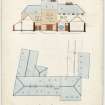 Drawing showing elevation, plan and section. 
Titled: 'Dalmore Distillery. Mash House, Mill Room, Spirit Store, etc. Section thro Spirit Store; Elevation facing yard; Section of Coal Ho and Receiver Room; Plan of Roofs'.